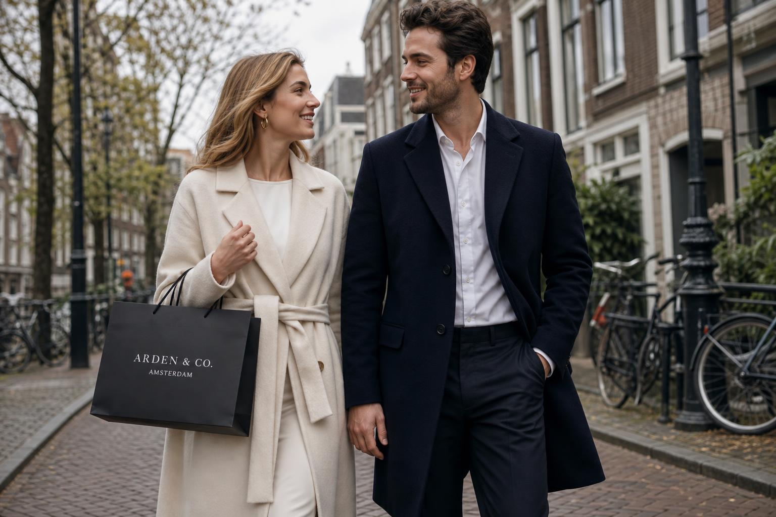 Een koppel wandelt door Amsterdam met een Arden & Co. shoppingbag
